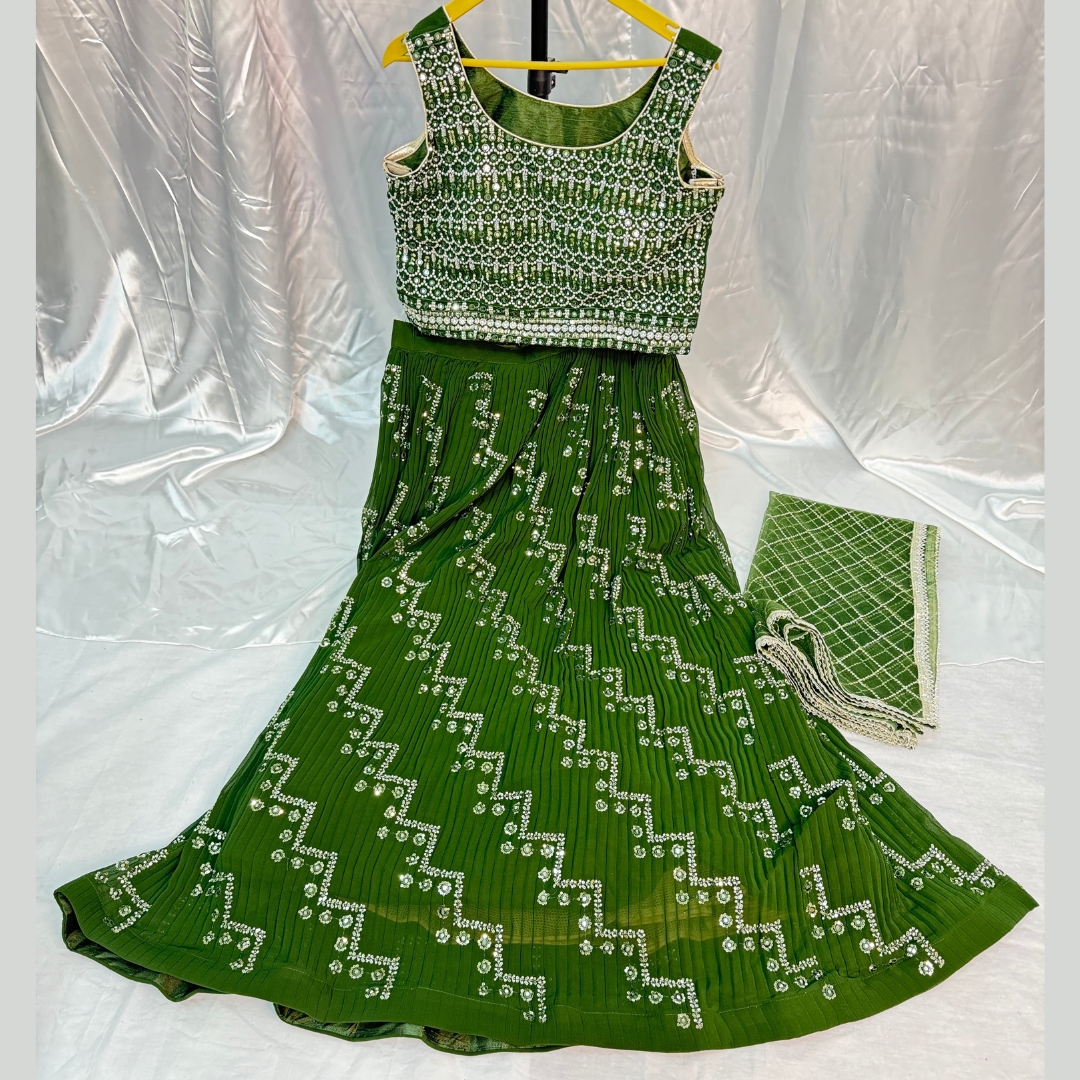 Beautiful Georgette Fabric Heavy Embroidery And Sequence Work All Over Lehenga And Designer Blouse With Net Sequence Dupatta.