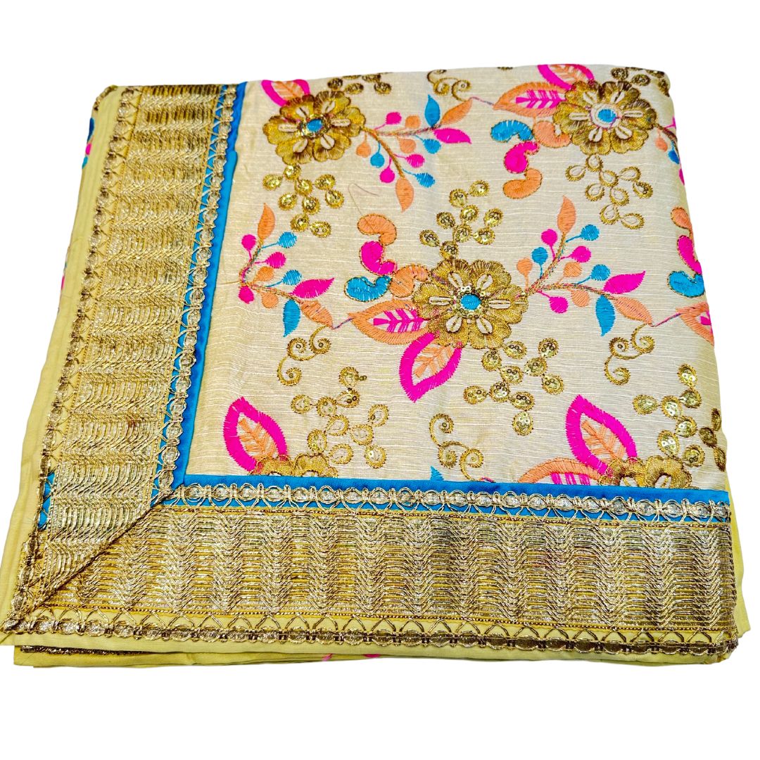 HEAVY EMBROIDERY WITH THREAD AND SEQUIENCE WORK LIGHT CREAM COLOR SILK BASED WITH FOUR SIDE LACE WORK RUMALA SAHIB WITH DOUBLE SET WITH PALKAN