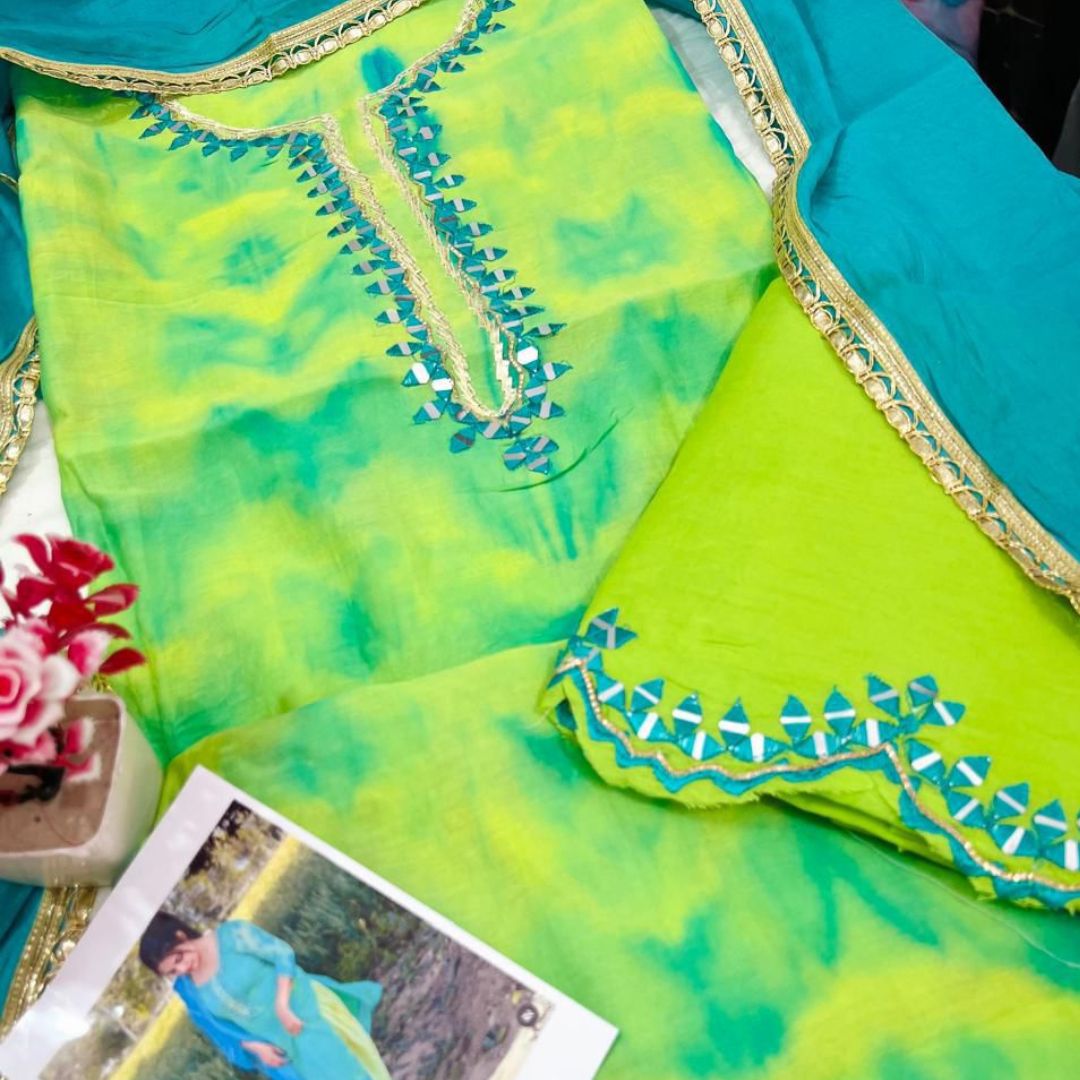 (SOLD) BEAUTIFUL GREEN COLOR TIE AND DYE COTTON SILK FABRIC WITH EMBROIDERY AND ORIGNAL MIRROR WORK ON SHIRT AND BOTTOM WITH FOUR SIDE LACE WORK