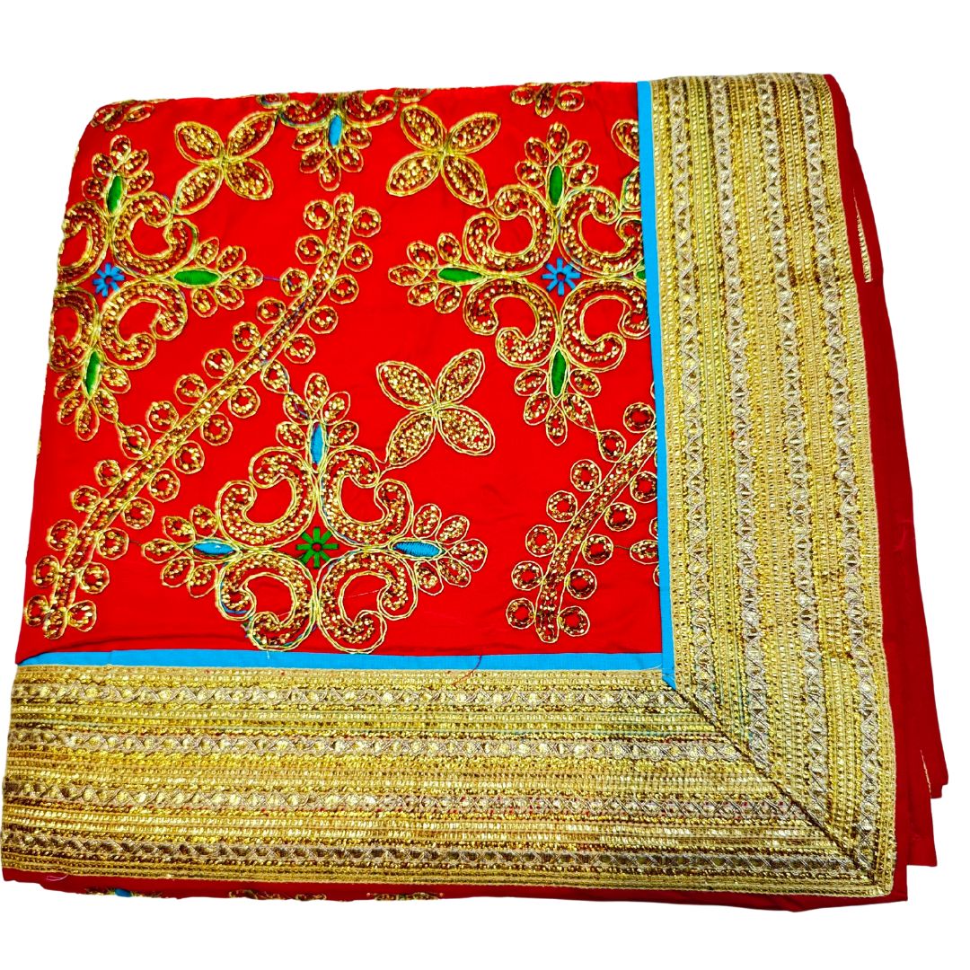 Sold HEAVY EMBROIDERY THREAD AND SEQUIENCE WORK BEAUTIFUL RED COLOR SILK BASED WITH FOUR SIDE LACE WORK RUMALA SAHIB WITH DOUBLE SET WITH PALKAN