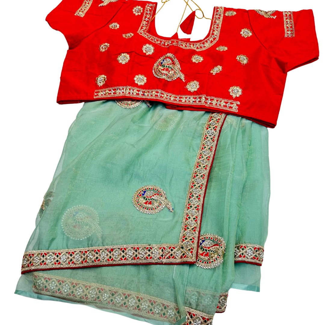 BEAUTIFUL SOFT ORGANZA SILK SAREE LIGHT GREEN PASTEL COLOR WITH THREAD ZARI AND ZARKAN WORK ALL OVER SAREE  WITH CONTRAST RED BLOUSE
