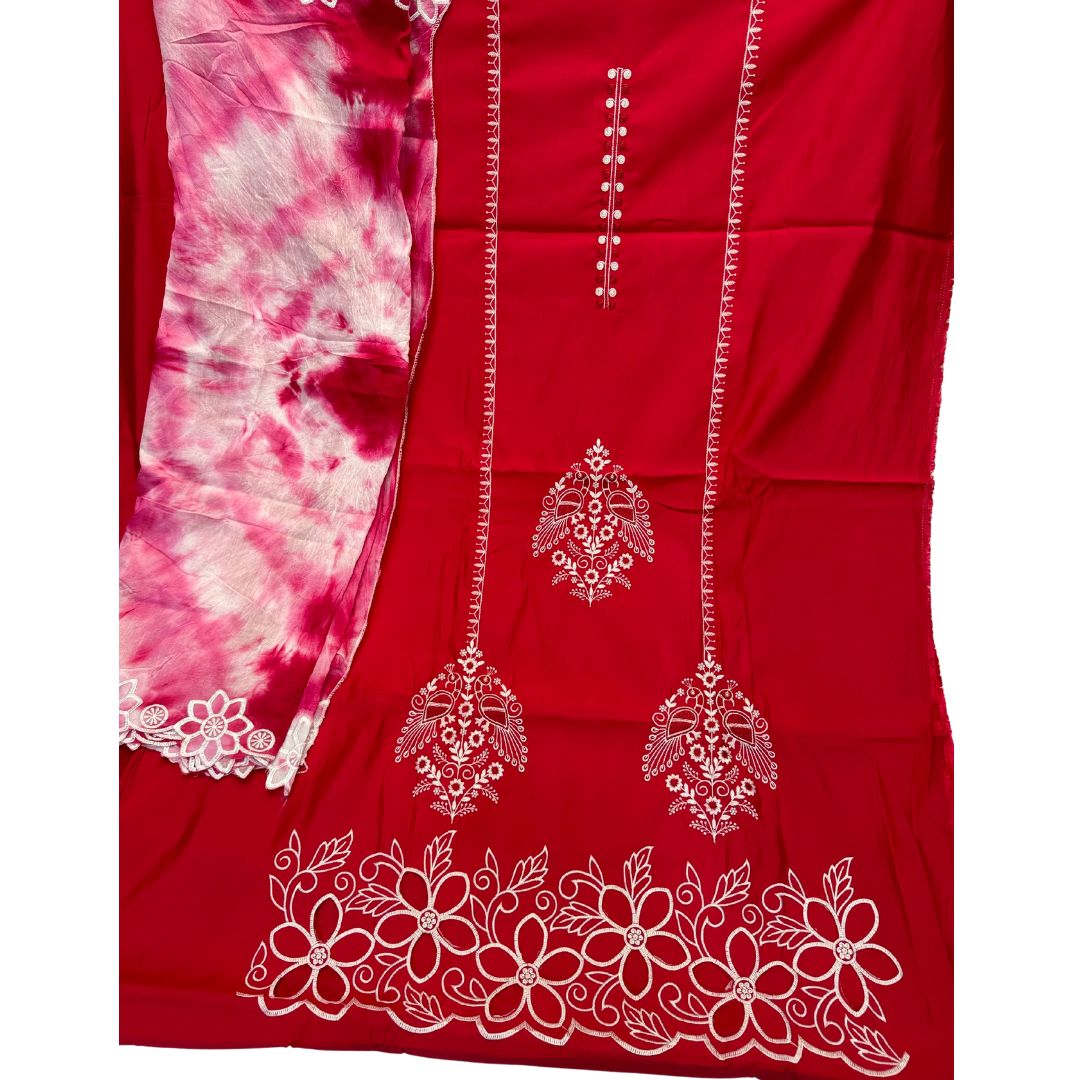 (SOLD) PINKISH RED COLOR MUSLIN COTTON FABRIC BEAUTIFUL THREAD EMBROIDERY AND CUT WORK ON SHIRT COMES WITH TIE AND DYE DUPATTA WITH CUT WORK EMBROIDERY ON SIDE