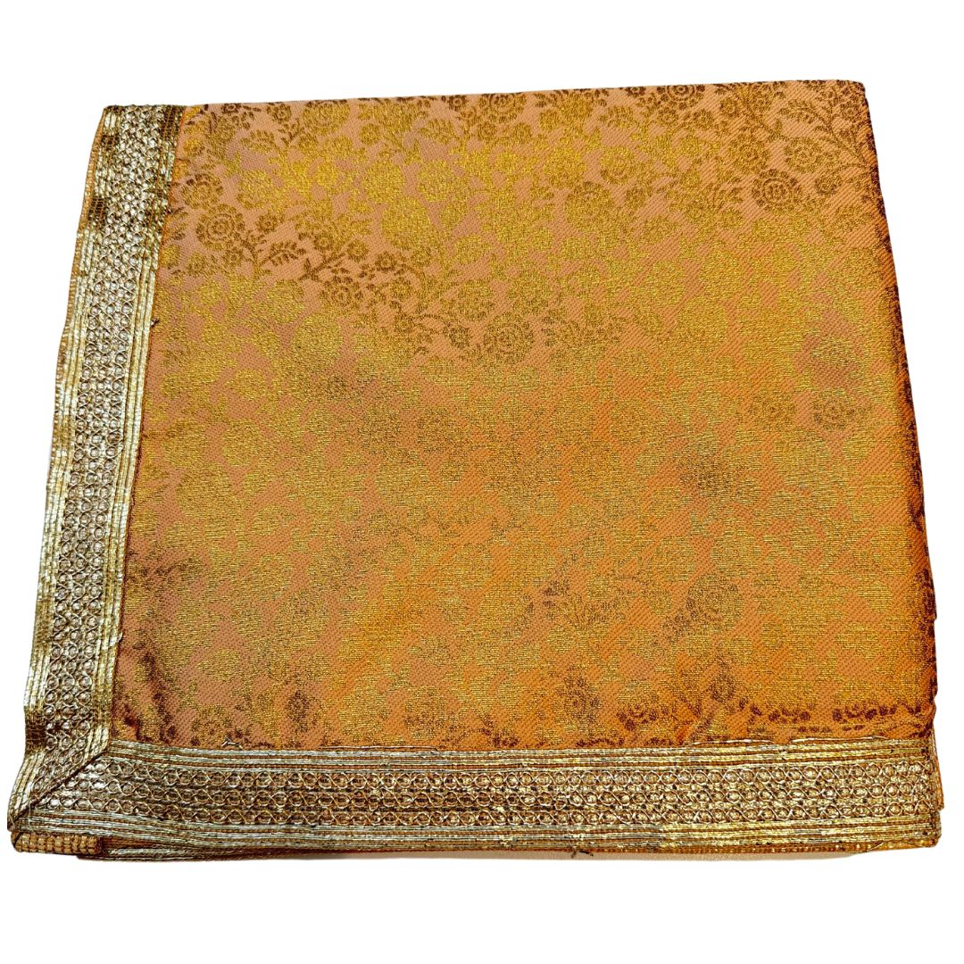 PEACH COLOR SHIMMER SILK BASED TWO TONE FLORAL PRINT WORK RUMALA SAHIB DOUBLE SET WITH PALKAN WITH FOUR SIDE LACE WORK