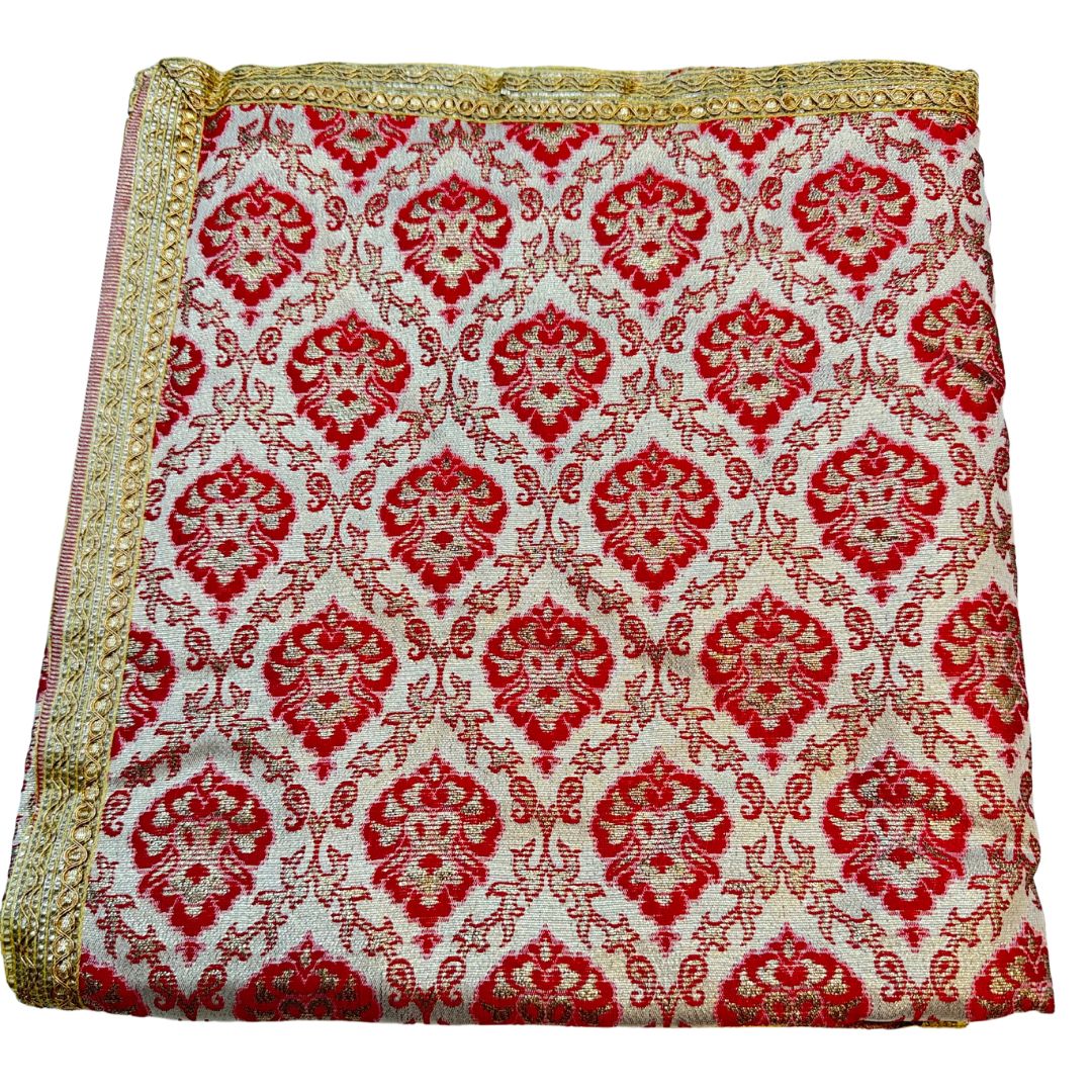BROCADE SILK BASED RED COLOR FLORAL WORK RUMALA SAHIB DOUBLE SET WITH PALKAN FOUR SIDE LACE WORK.