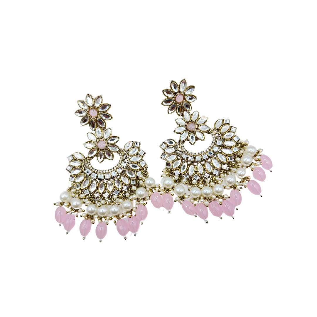 BEAUTIFUL BABY PINK COLOR KUNDAN MIRROR AND PEARL WORK EARINNGS