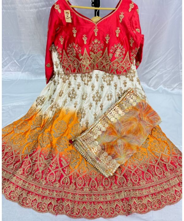 Silk Based Beautiful 3 Shade Heavy Embroidery And Stone Work Lehenga Designer Blouse With Front And Back Embroidery Work Comes With Organza Dupatta.