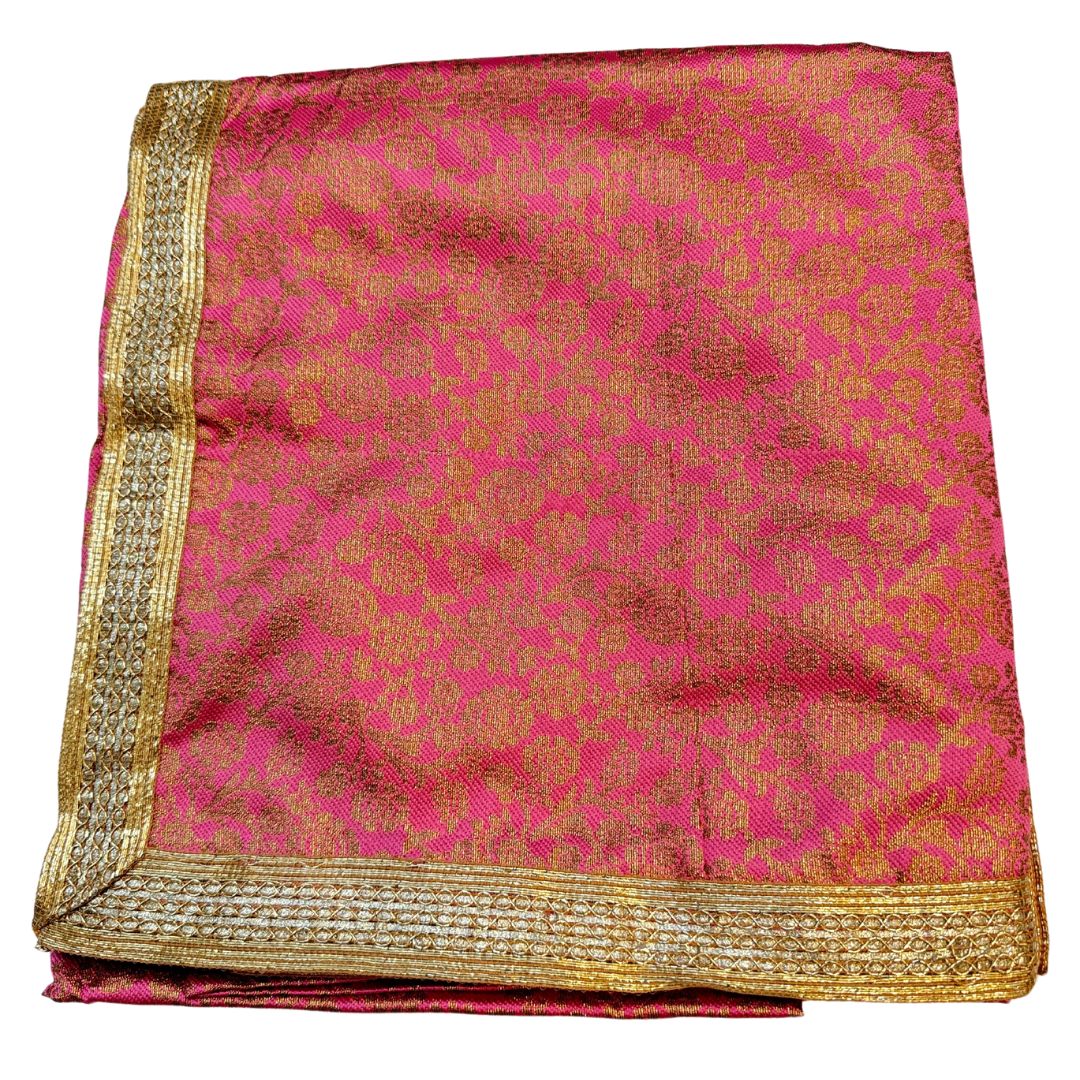 PINK COLOR SHIMMER SILK BASED TWO TONE FLORAL PRINT RUMALA SAHIB DOUBLE SET WITH PALKAN FOUR SIDE LACE WORK.