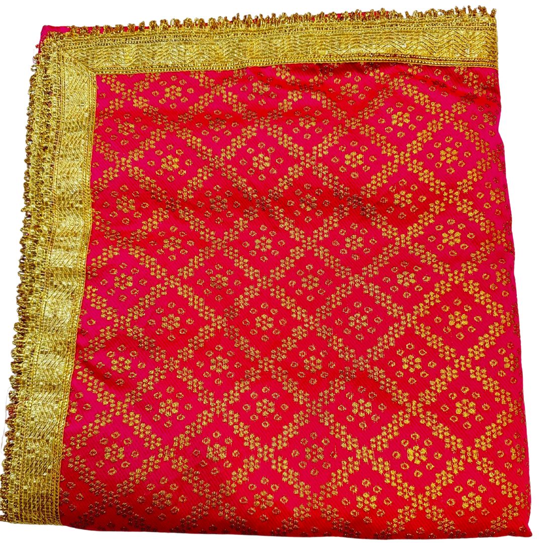 (SOLD) RED COLOR SHIMMER SILK BASED TWO TONE FLORAL PRINT RUMALA SAHIB DOUBLE SET WITH PALKAN FOUR SIDE LACE WORK.