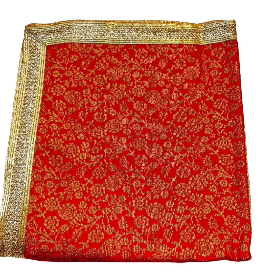 (SOLD) RED COLOR SHIMMER SILK BASED TWO TONE FLORAL PRINT RUMALA SAHIB DOUBLE SET WITH PALKAN FOUR SIDE LACE WORK.