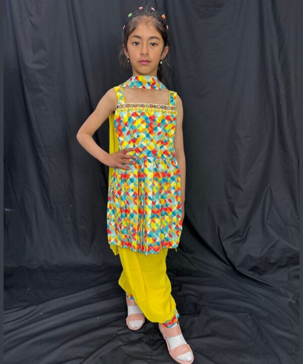 Designer 3 Piece Suit Yellow Color Pure Georgette Fabric Embroidery Sequence,Mirror And Pearl Work On Neck Comes With Matching Dupatta.