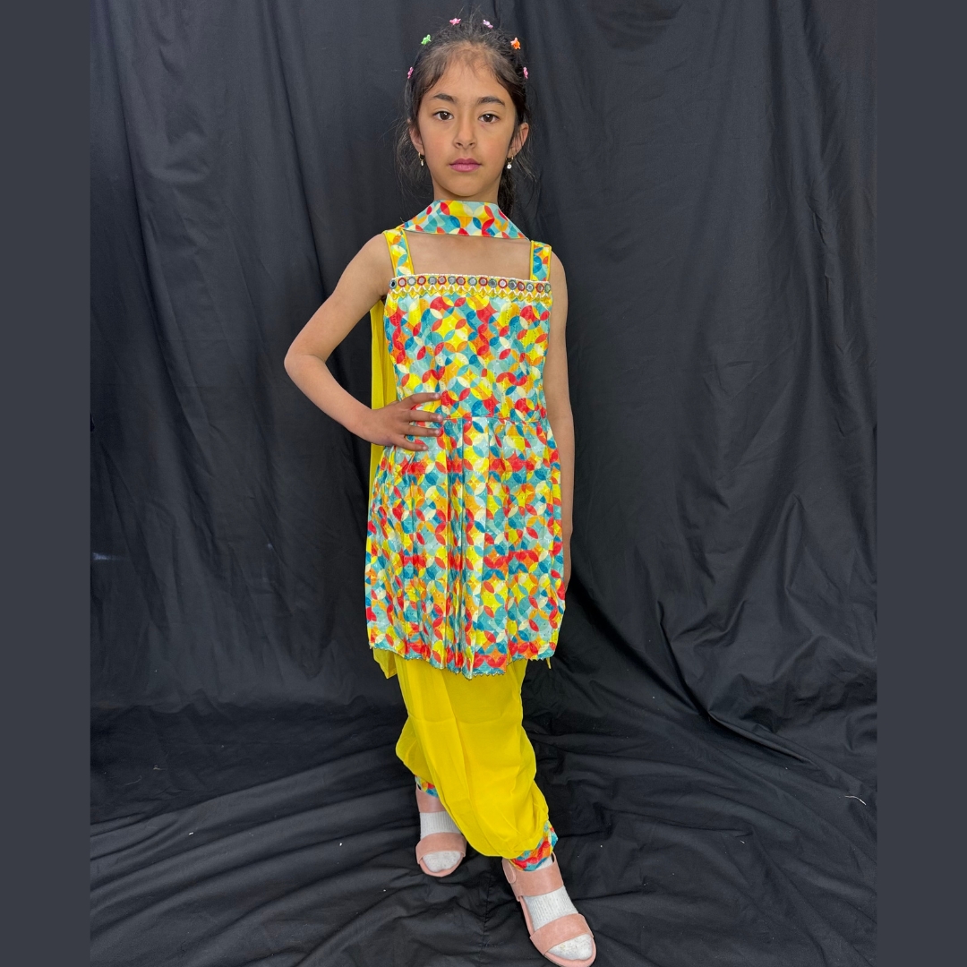Designer 3 Piece Suit Yellow Color Pure Georgette Fabric Embroidery Sequence,Mirror And Pearl Work On Neck Comes With Matching Dupatta.