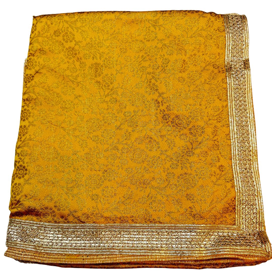 (SOLD) YELLOW COLOR SHIMMER SILK BASED TWO TONE FLORAL PRINT WORK RUMALA SAHIB DOUBLE SET WITH PALKAN WITH FOUR SIDE LACE WORK