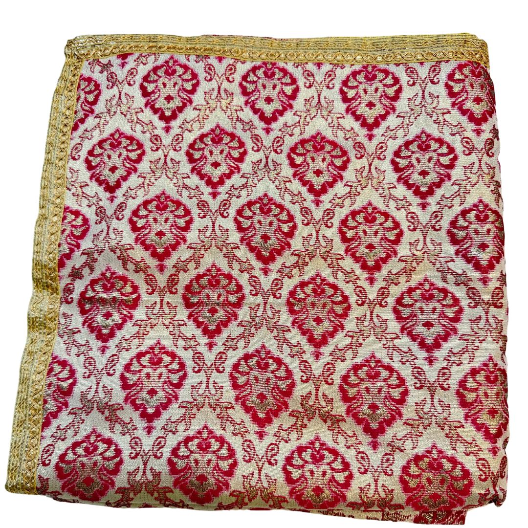 BROCADE SILK BASED ORANGE COLOR FLORAL WORK RUMALA SAHIB DOUBLE SET WITH PALKAN FOUR SIDE LACE WORK.