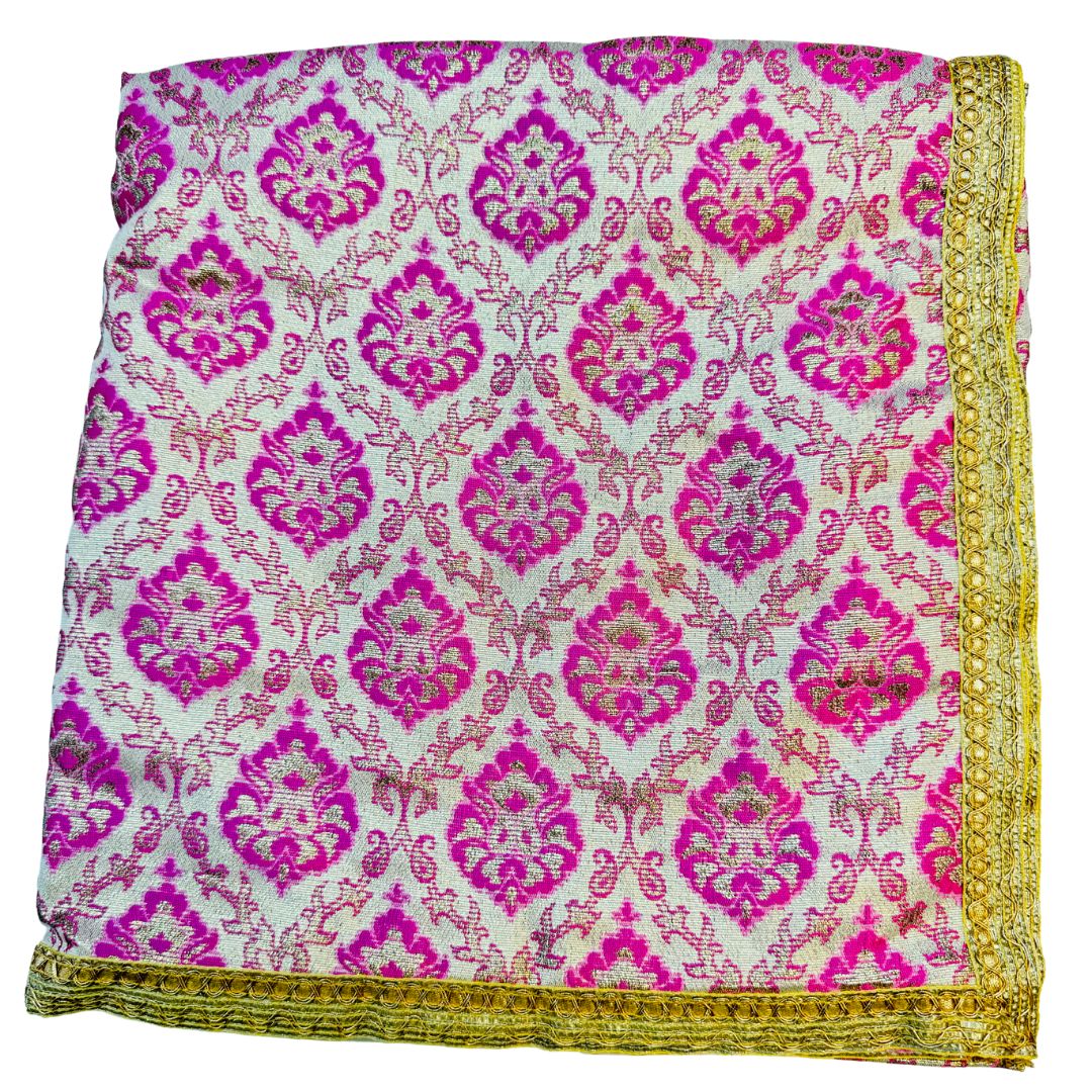BROCADE SILK BASED DARK PINK COLOR FLORAL WORK RUMALA SAHIB DOUBLE SET WITH PALKAN FOUR SIDE LACE WORK.