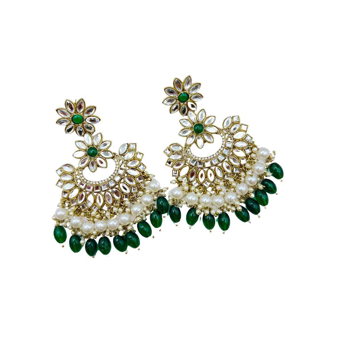 BEAUTIFUL DARK GREEN COLOR KUNDAN MIRROR AND PEARL WORK EARINNGS