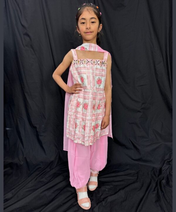 Designer 3 Piece Suit Pink Color Pure Georgette Fabric Embroidery Sequence, Mirror And Pearl Work On Neck Comes With Matching Dupatta.