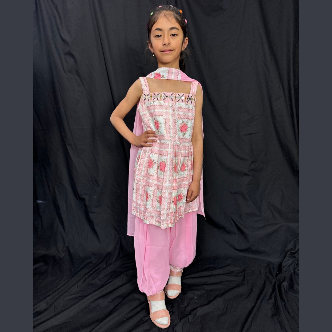 Designer 3 Piece Suit Pink Color Pure Georgette Fabric Embroidery Sequence, Mirror And Pearl Work On Neck Comes With Matching Dupatta.