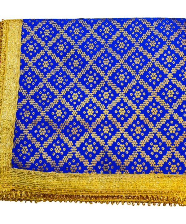 ROYAL BLUE COLOR SHIMMER SILK BASED TWO TONE FLORAL PRINT RUMALA SAHIB DOUBLE SET WITH PALKAN FOUR SIDE LACE WORK.