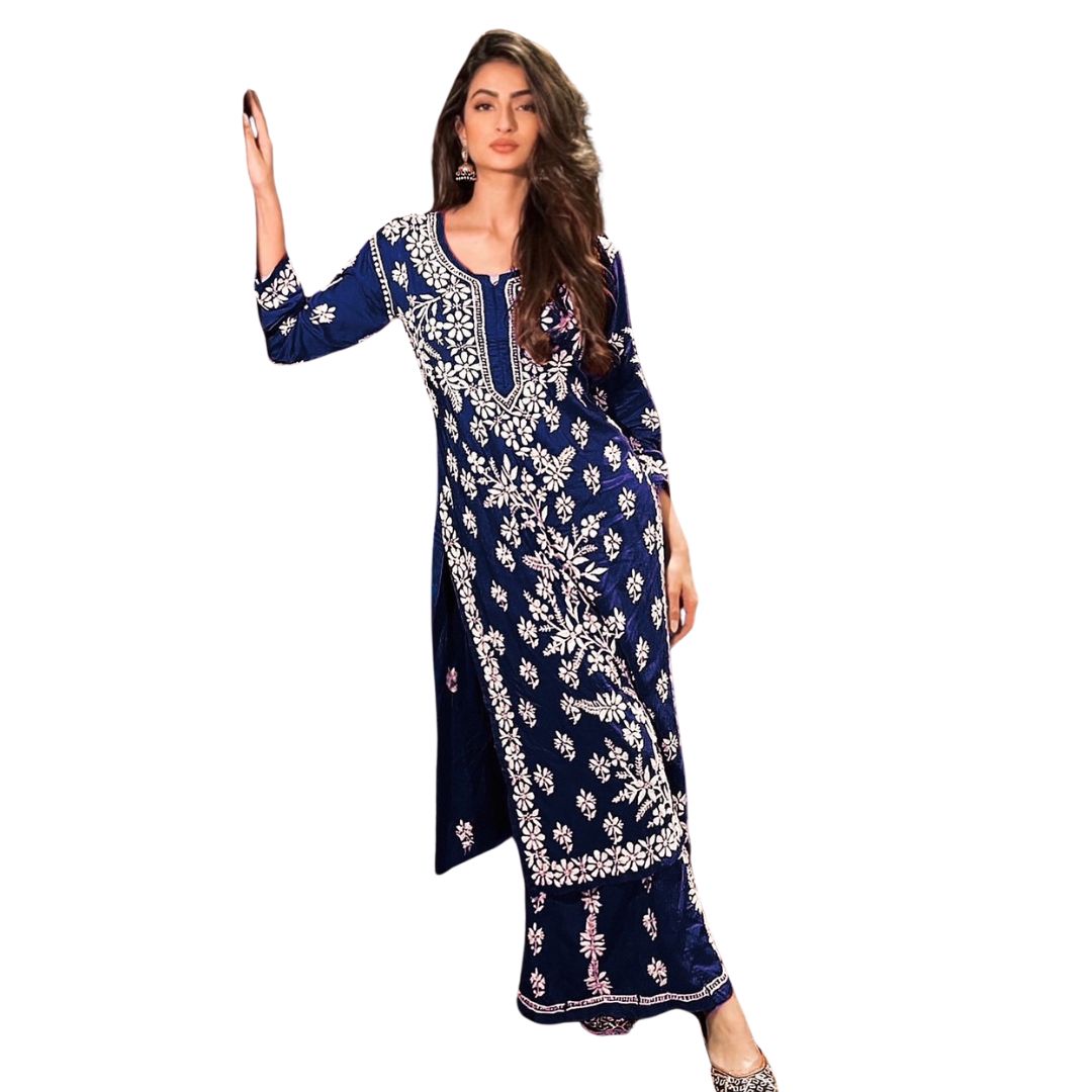 2 PIECE KURTI SET RAYAN FABRIC NAVY BLUE COLOR BEAUTIFUL CHINKARI WORK ALL OVER SHIRT AND BOTTOM