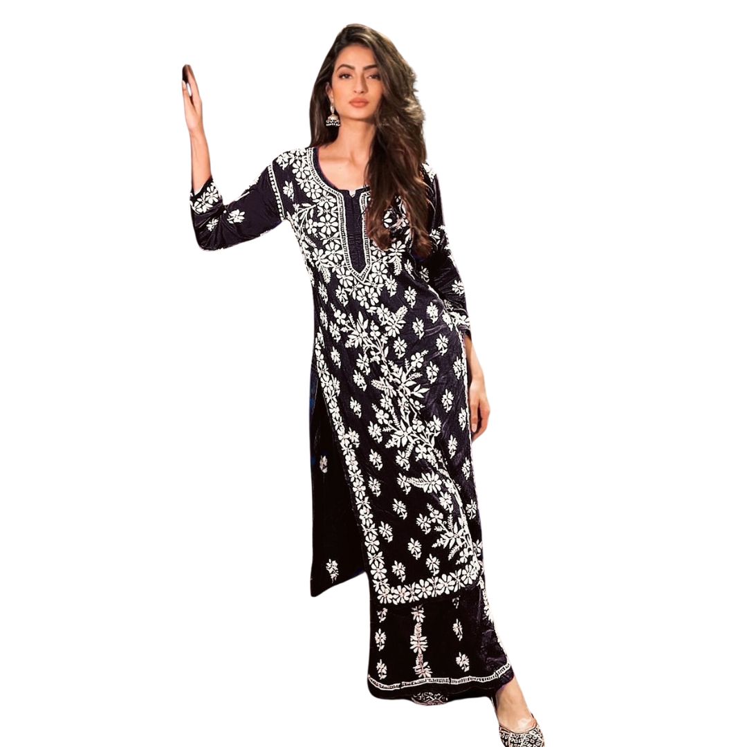 2 PIECE KURTI SET RAYAN FABRIC BLACK COLOR BEAUTIFUL CHINKARI WORK ALL OVER SHIRT AND BOTTOM