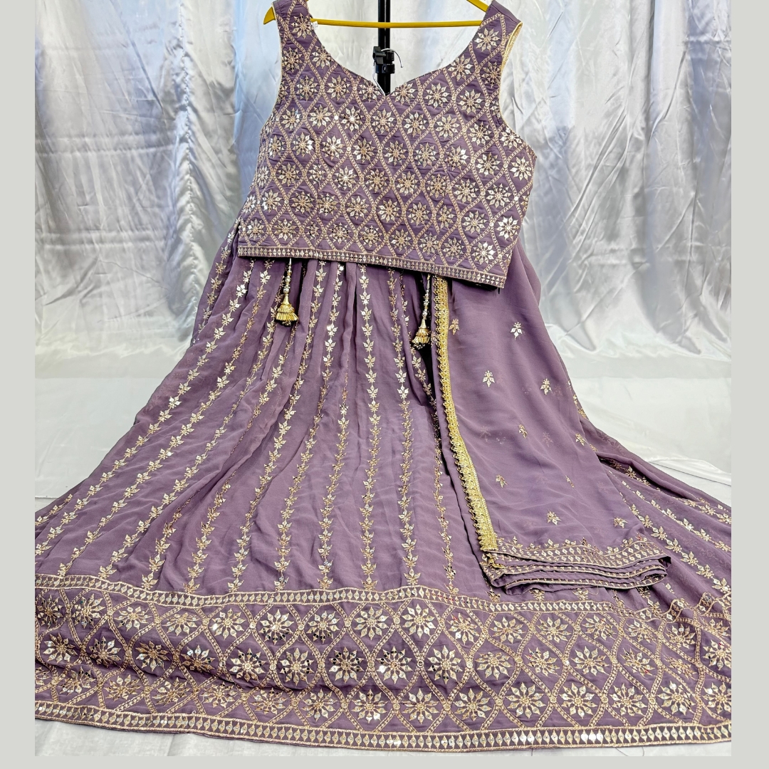 Pure Georgette Designer Embroidery Work Crop Top Blouse With Full Flared Heavy Ken Ken Lehenga Comes With Embroidery Georgette Dupatta