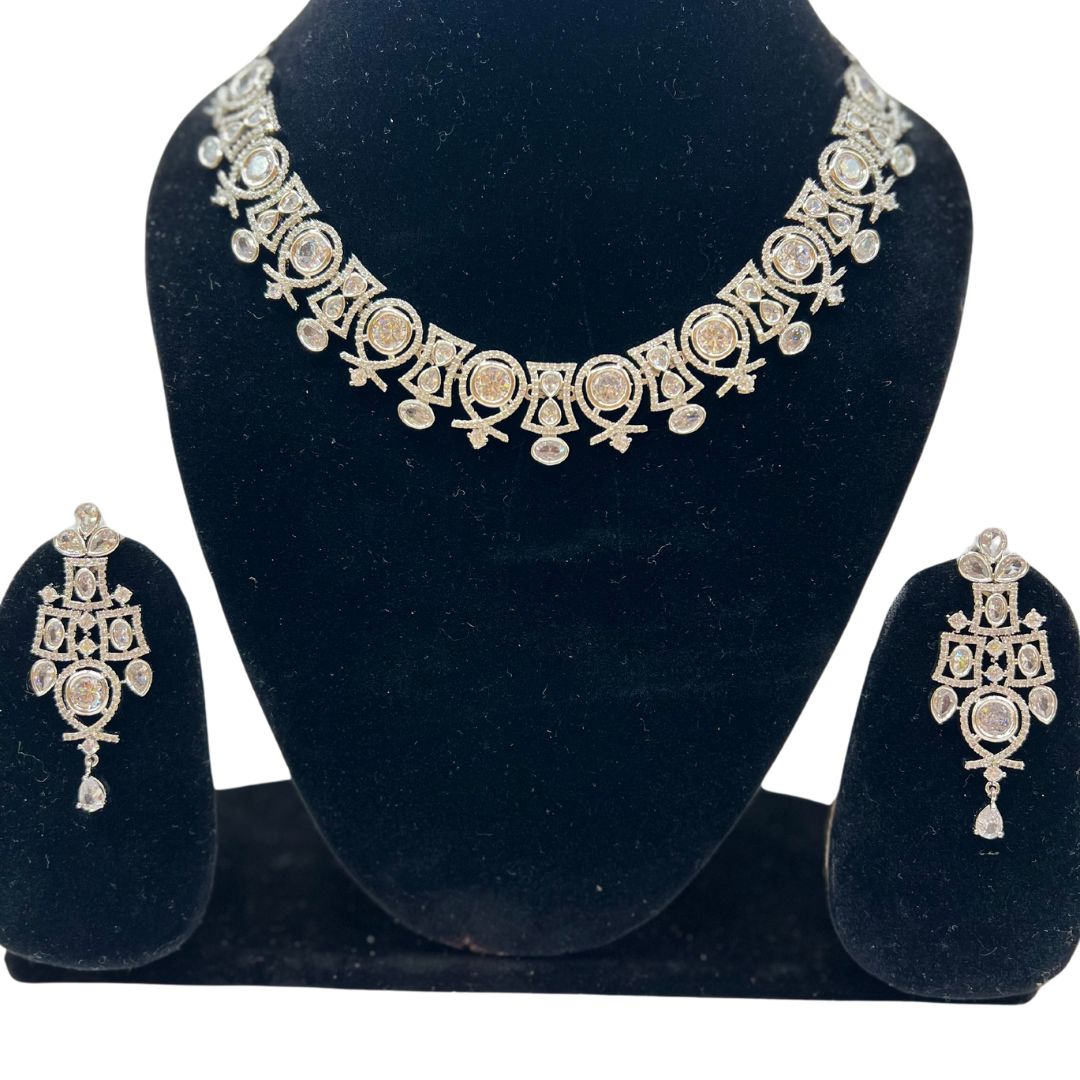 Silver Oxidised Floral Necklace Earrings Set