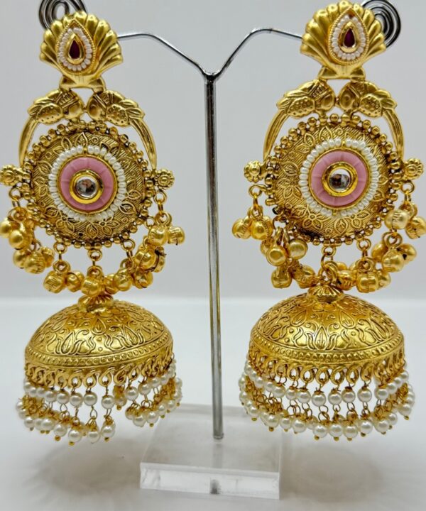 Beautiful Latest Design With Gold Plated Pearl And Pink Stone Color Work Very Light Weight Jhumka Earrings
