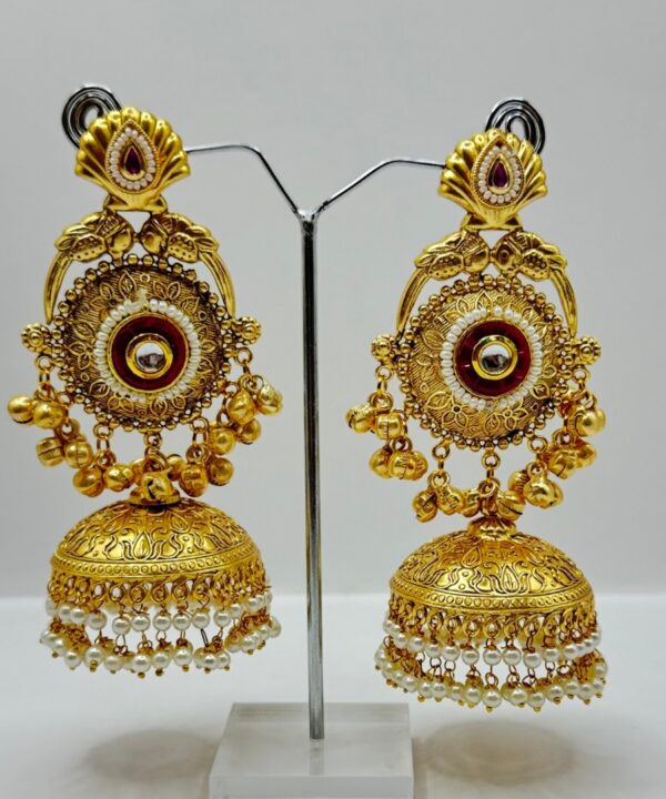 Beautiful Latest Design With Gold Plated Pearl And Dark Red Stone Work Very Light Weight Jhumka Earrings