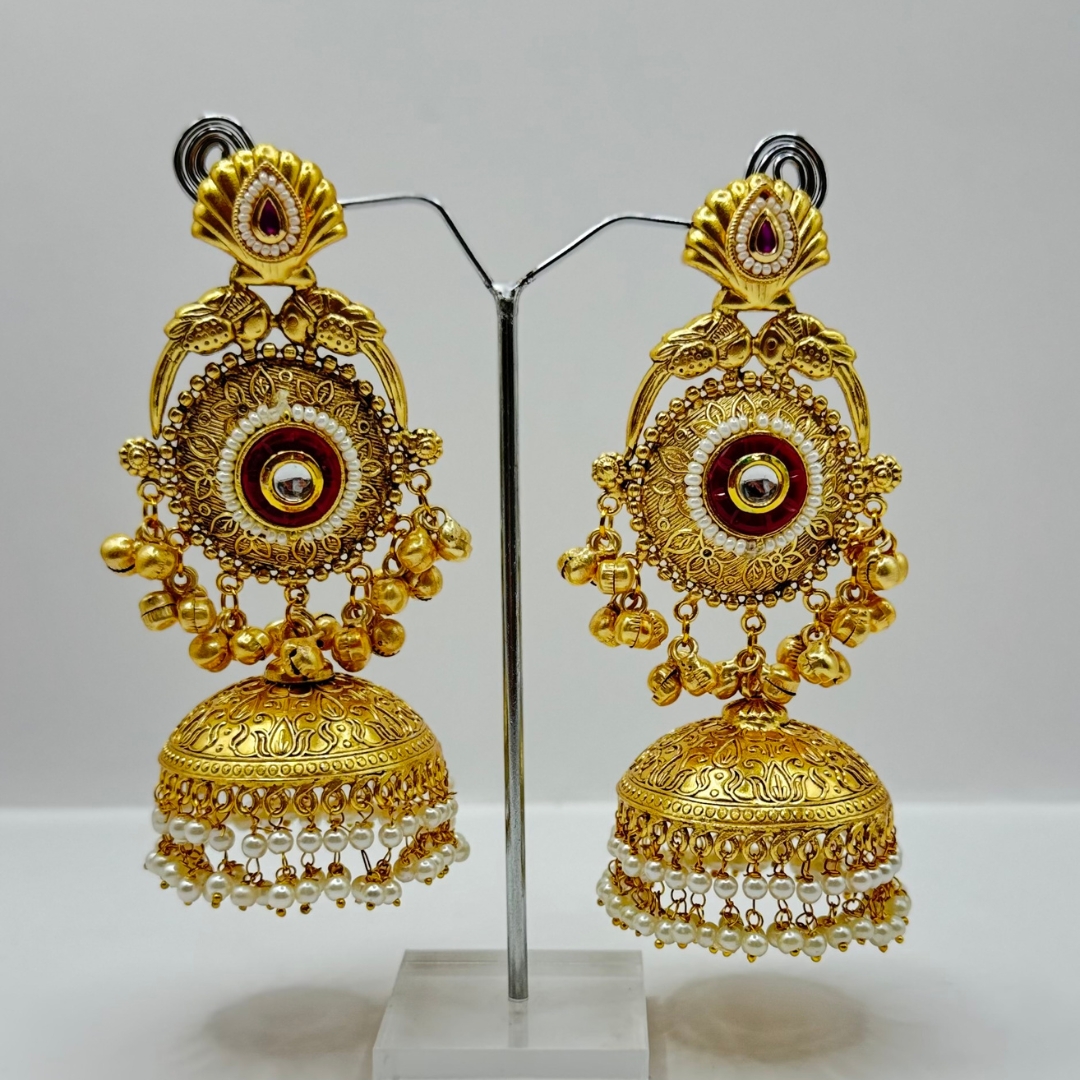 Beautiful Latest Design With Gold Plated Pearl And Dark Red Stone Work Very Light Weight Jhumka Earrings