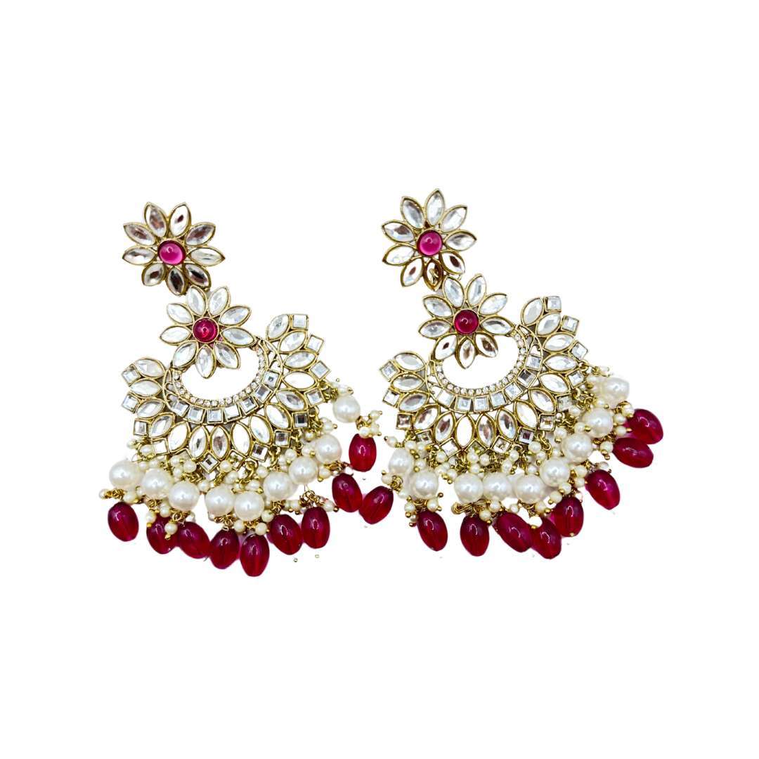 BEAUTIFUL DARK PINK (MAGENTA) COLOR KUNDAN MIRROR AND PEARL WORK EARINNGS