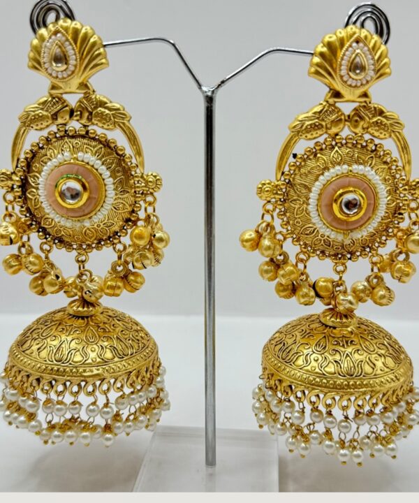 Beautiful Latest Design With Gold Plated Peach Color Pearl And Stone Work Very Light Weight Jhumka Earrings