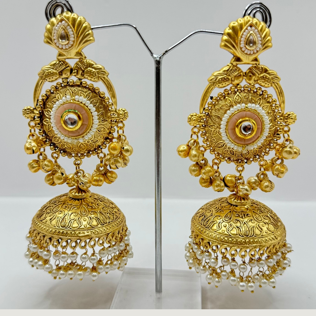 Beautiful Latest Design With Gold Plated Peach Color Pearl And Stone Work Very Light Weight Jhumka Earrings