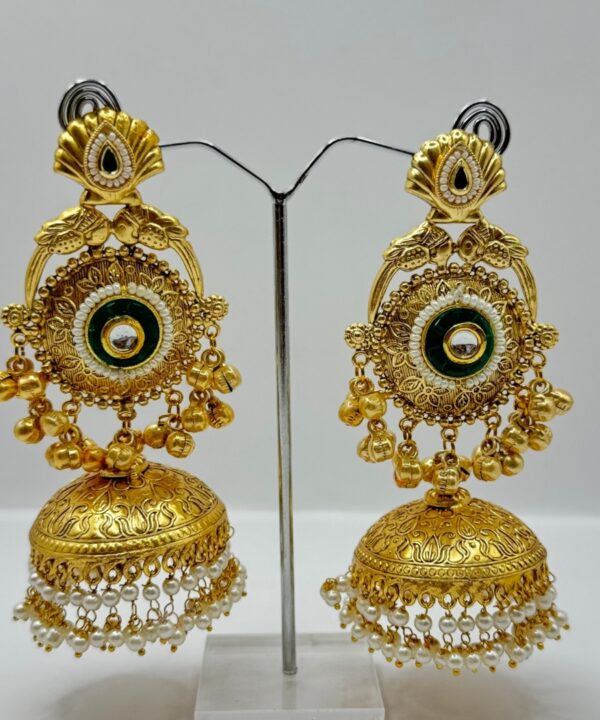 Beautiful Latest Design With Gold Plated Pearl And Bottle Green Color Stone Work Very Light Weight Jhumka Earrings