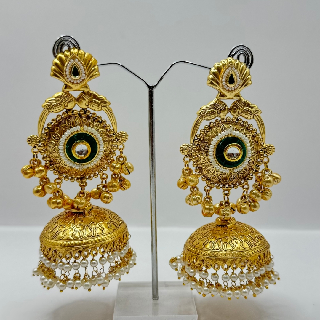 Beautiful Latest Design With Gold Plated Pearl And Bottle Green Color Stone Work Very Light Weight Jhumka Earrings