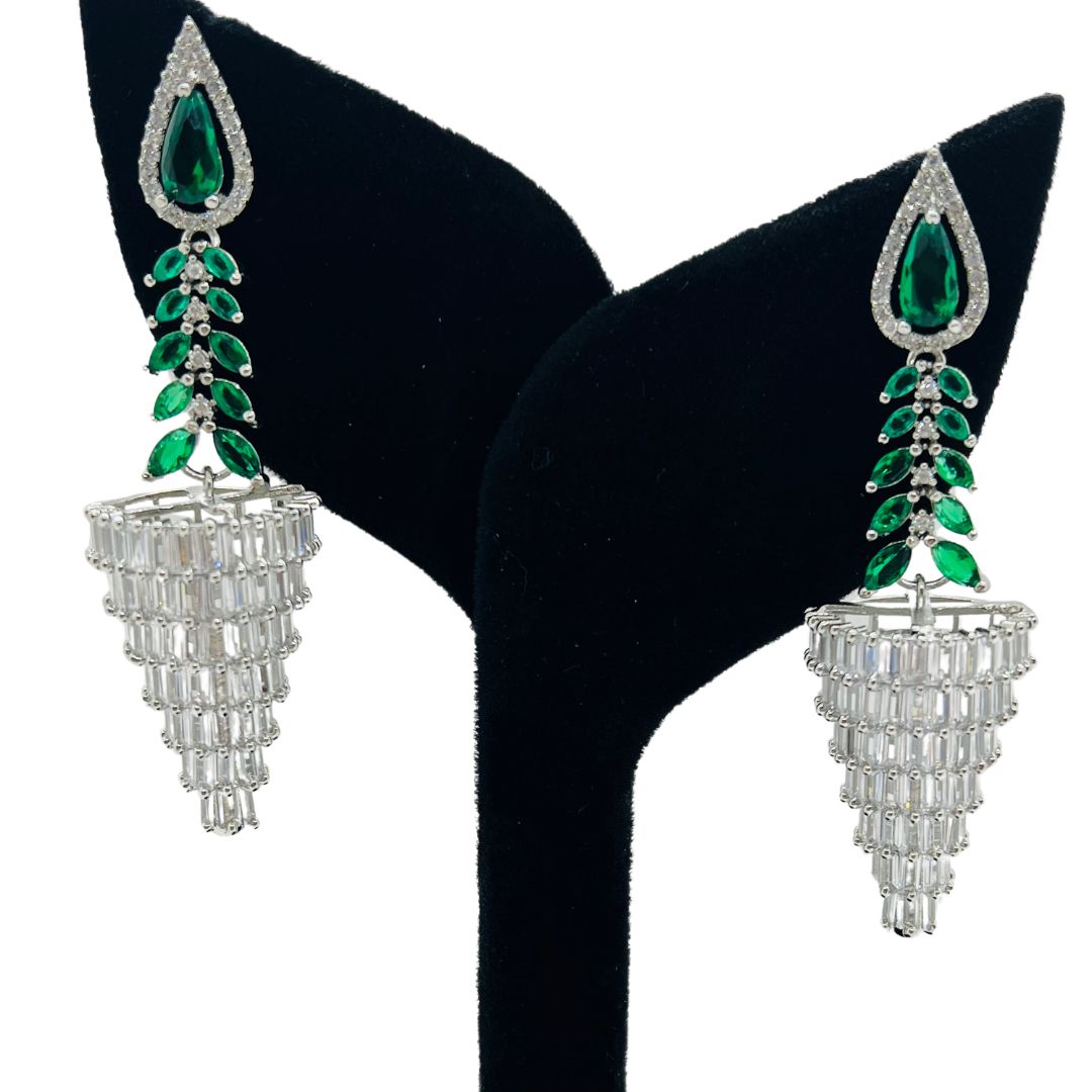 Beautiful American Diamond Earrings with Green Color Stone.