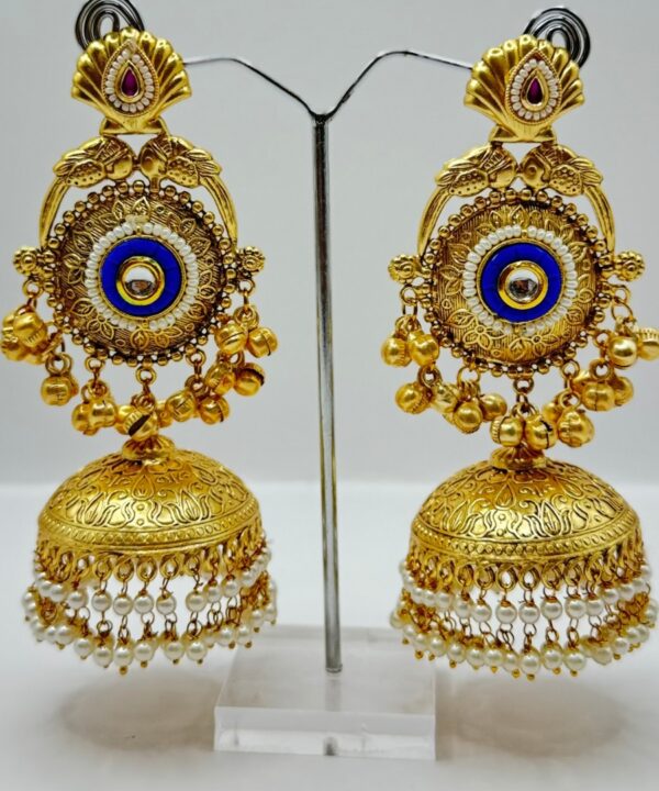 Beautiful Latest Design With Gold Plated Pearl And Royal Blue Color Stone Work Very Light Weight Jhumka Earrings