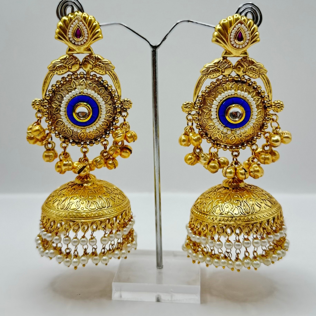 Beautiful Latest Design With Gold Plated Pearl And Royal Blue Color Stone Work Very Light Weight Jhumka Earrings