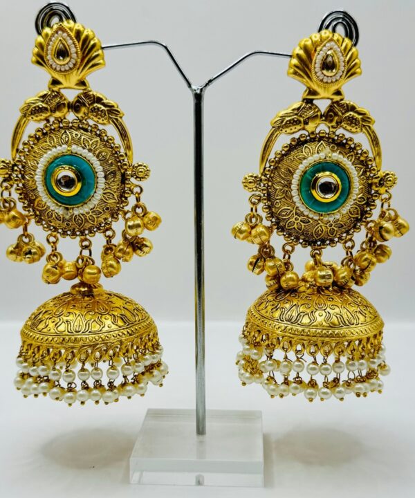 Beautiful Latest Design With Gold Plated Pearl And Sea Green Color Stone Work Very Light Weight Jhumka Earrings