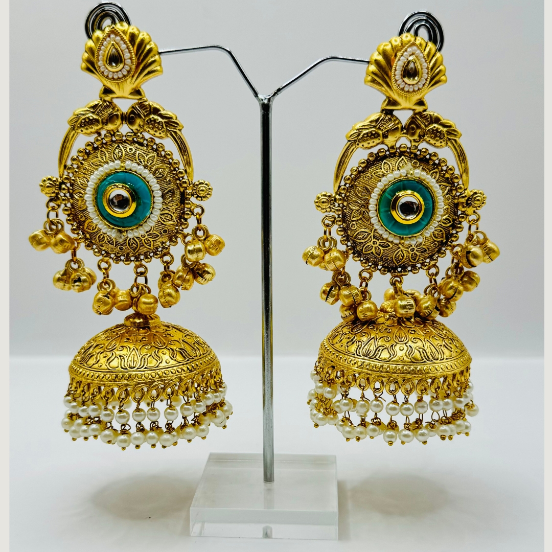 Beautiful Latest Design With Gold Plated Pearl And Sea Green Color Stone Work Very Light Weight Jhumka Earrings