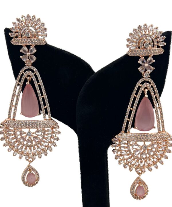 Beautiful Rose Gold With Pink Stone American diamond Drop Earrings