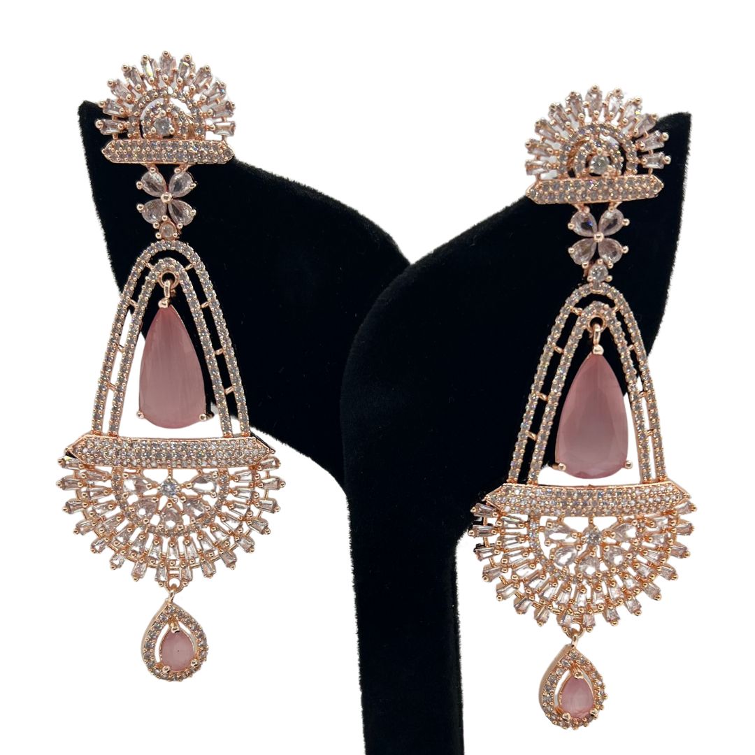 Beautiful Rose Gold With Pink Stone American diamond Drop Earrings