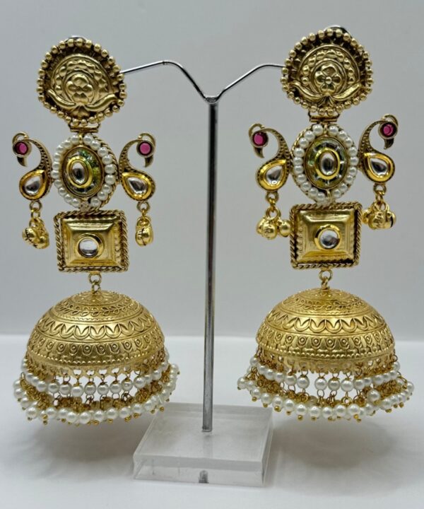 Beautiful Latest Design With Gold Plated Pearl And Hot Pink Color Stone Work Very Light Weight Jhumka Earrings
