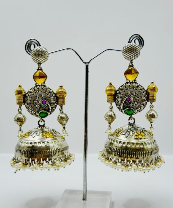 Beautiful Latest Design With Silver and Gold Plated Peacock Design Pearl And Hot Pink And Green Color Stone Work Very Light Weight Jhumka Earrings