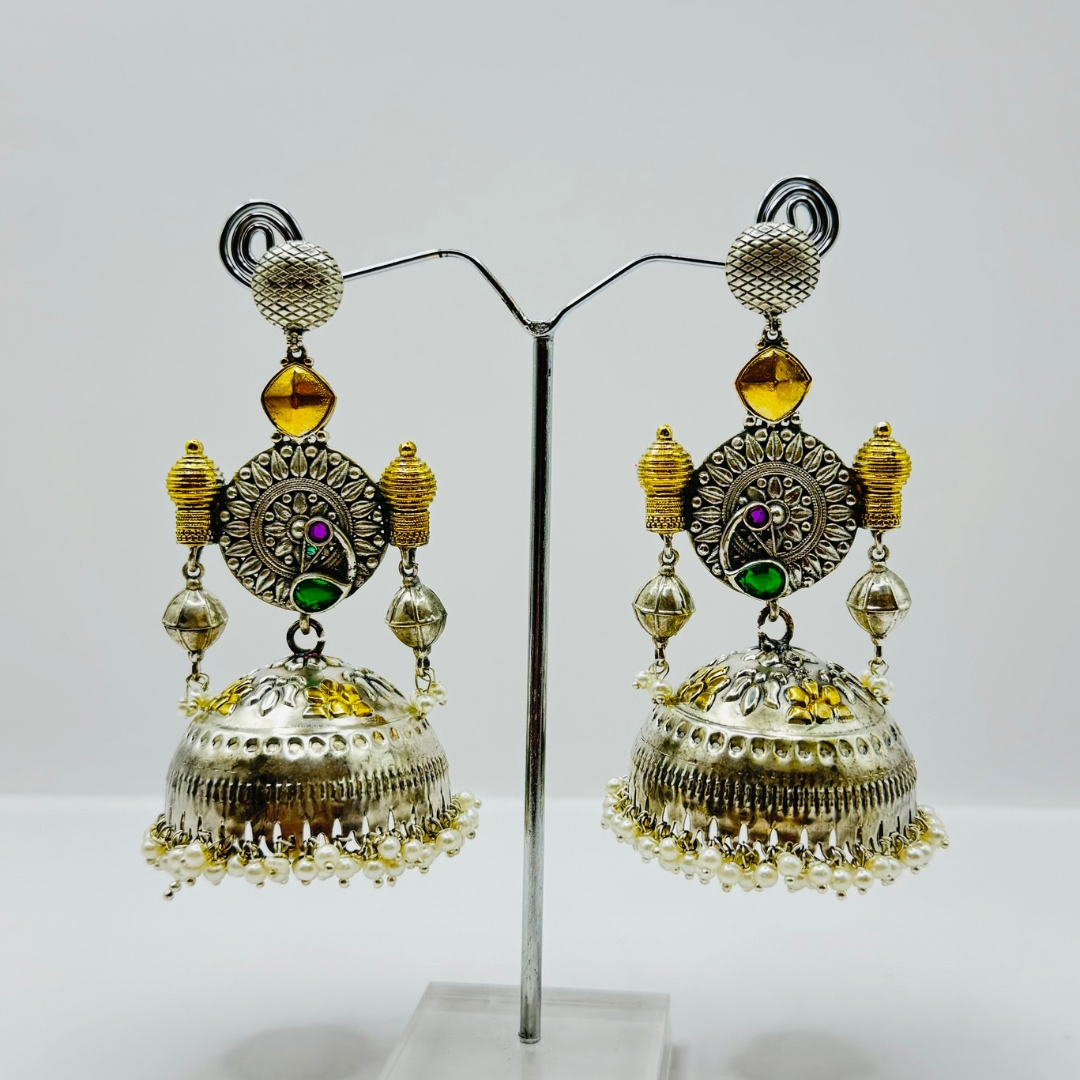 Beautiful Latest Design With Silver and Gold Plated Peacock Design Pearl And Hot Pink And Green Color Stone Work Very Light Weight Jhumka Earrings