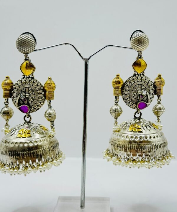 Beautiful Latest Design With Silver And Gold Plated Peacock Design Pearl And Hot Pink And White Color Stone Work Very Light Weight Jhumka Earrings