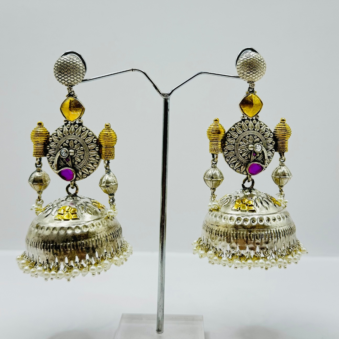 Beautiful Latest Design With Silver And Gold Plated Peacock Design Pearl And Hot Pink And White Color Stone Work Very Light Weight Jhumka Earrings