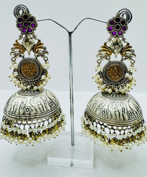 Beautiful Latest Design With Silver And Gold Plated Elephant Design Pearl And Stone Work Very Light Weight Jhumka Earrings