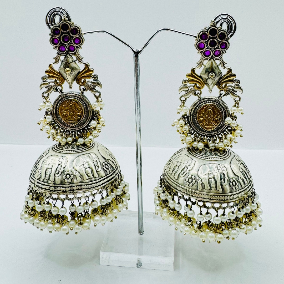 Beautiful Latest Design With Silver And Gold Plated Elephant Design Pearl And Stone Work Very Light Weight Jhumka Earrings