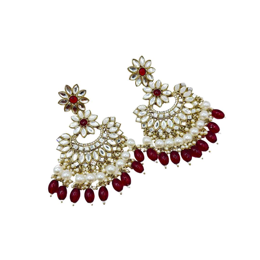 BEAUTIFUL DARK RED (MAROON) COLOR KUNDAN MIRROR AND PEARL WORK EARINNGS