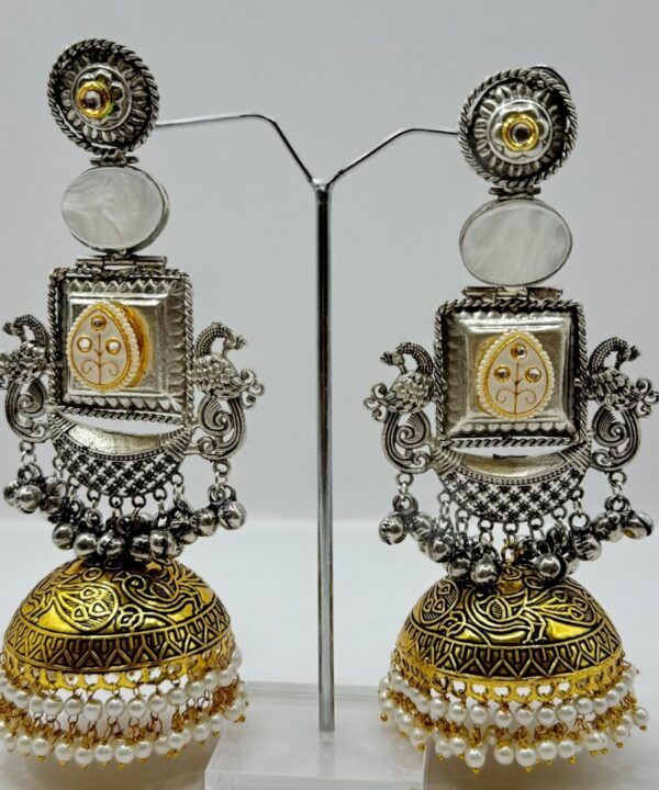 Beautiful Latest Design With Silver And Gold Plated Peacock Design Pearl And Stone Work Very Light Weight Jhumka Earrings